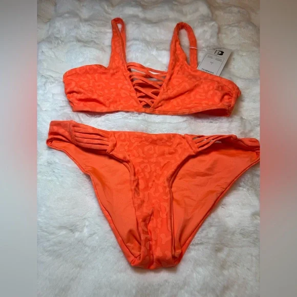 NWT TiniBikini Neon Tangerine Bikini with Cutout and Leopard Monotone Print - Picture 2 of 7